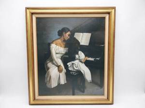 lot 8211 image: Framed Portrait Painting Woman and Girl at Piano in White Dresses, Gold Frame
