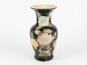 lot 8212 image: Black Glazed Ceramic Baluster Vase with Raised Peony Floral Design