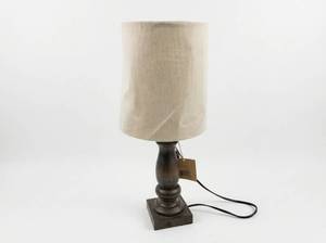 lot 8213 image: Rustic Style Table Lamp w Dark Brown Turned Wood-Look Base & Linen-Look Shade