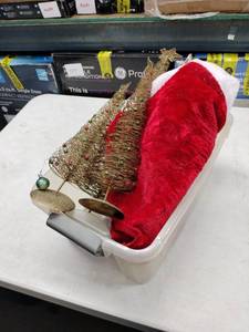 lot 8220 image: Christmas Decor Lot 4 Gold Wire Trees, Santa Hat, Coasters & Signs