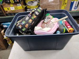 lot 8244 image: Household Lot Minecraft Backpack, Stoneware Bowl, Glass Jars, Football, Toys