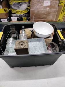 lot 8251 image: Assorted Home Decor Lot Glass Soap Dispensers, Galvanized Tray, Enamel Bowl, Basket & More