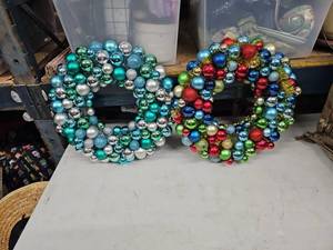 lot 8255 image: Set of 2 Christmas Ornament Ball Wreaths, TealSilver and Multicolor w Gold Tinsel