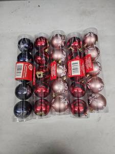 lot 8260 image: Lot of 5 Packs Handpainted Christmas Ornaments Navy, Red Santa Belt, Rose Gold