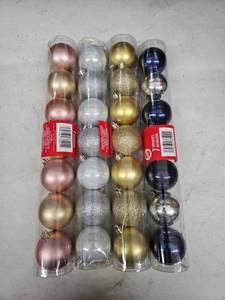 lot 8261 image: Lot of 4 Tubes of Christmas House Shatterproof-Style Ornaments, 7 Per Tube, Assorted Colors