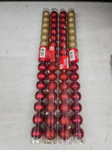 lot 8265 image: Christmas House 4 Tubes of 15 Shatterproof-Style Ornaments Red & Gold Glitter