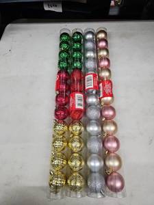 lot 8266 image: Christmas House 4 Tubes of 12 Ornament Balls Green Red Gold Silver Rose Gold