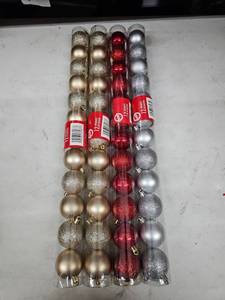 lot 8268 image: Christmas House Lot of 4 Tubes of 12 Ball Ornaments Gold Red Silver