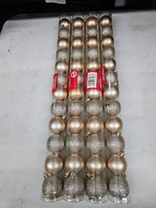 lot 8269 image: Christmas House 48 Champagne Gold Shatterproof Ornaments, 4 Tubes of 12