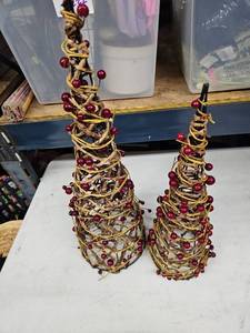 lot 8274 image: Set of 2 Decorative Twig Cone Trees with Red Berries and Yellow Paper Twine
