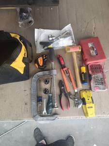 lot 6003 image: Assorted Hand Tool Lot w DeWalt Bag, C-Clamp, Pliers, Mallet, Bit Sets