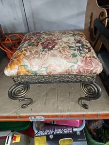 lot 6019 image: Floral Upholstered Footstool w Pierced Metal Apron and Scroll Legs