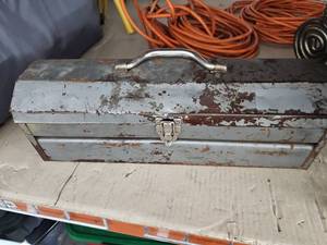 lot 6020 image: Vintage Gray Steel Cantilever Toolbox w Hand Tools, Stapler & Scissors