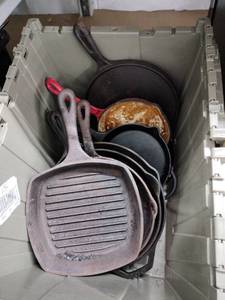 lot 6041 image: Assorted Cast Iron Skillets, Square Grill Pan & Red Enameled Pan Lot
