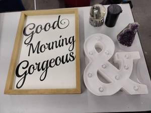 lot 6054 image: Decor Lot Good Morning Gorgeous Sign, Ampersand, Amethyst Cluster, Snow Globe