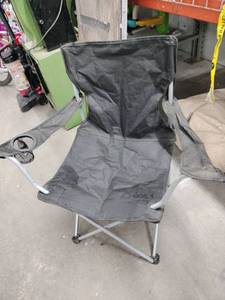 lot 6057 image: Black Folding Camp Chair w Armrest Cup Holders and Gray Steel Frame