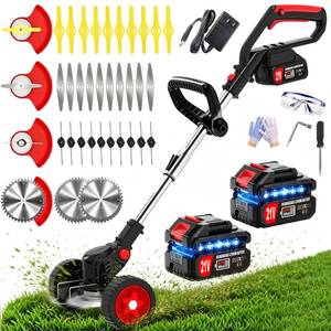 Electric Weed Wacker, 21V Cordless Weed Eater Battery Powered, No String Trimmer with Wheels & Metal Blades, Lightweight Grass Trimmer/Brush Cutter/Lawn Edger, Stringless Weed Trimmer for Yard Garden - Retail: $0