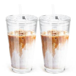 lot 340 image: Icesip 15oz Iced Coffee Glass Cup with Lid and Straw Thick Leak Proof Drinking Glasses Tumbler Set of 2 for Gift Cold Drink Smoothie Boba Tea(Clear2) - Retail $14