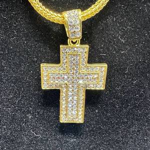 lot 2 image: NEW Gold-Tone Cross Pendant Necklace with Clear Stones, 2.13 x 1.15 in x 24in chain
