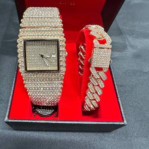 lot 3 image: New 2pc Embellished 38mm Square Dial Wristwatch and Cuban Link Bracelet Set w Gift box