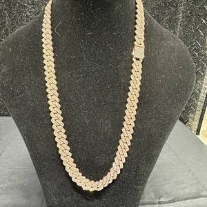 lot 4 image: 28in NEW Rose-Tone Stone-Set Cuban Link Chain Necklace 14.4 mm Width