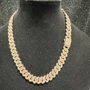 lot 5 image: 20in NEW Rose-Tone Stone-Set Cuban Link Chain Necklace 14.1 mm Width