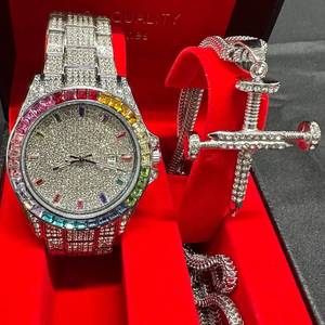 Be Noticed!- 42mm New Rhinestone Watch - Rainbow Crystal Bezel & Glitter Dial w/ Nail Cross Pendant Necklace Set!