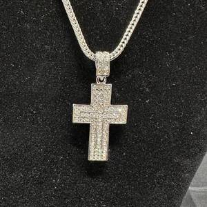 lot 30 image: New Cross Pendant Necklace with Clear Stones 2.25 in w24in chain