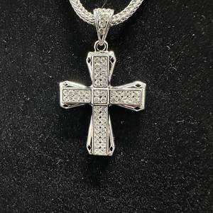 lot 38 image: New Silver-Tone Cross Pendant 24in Necklace with Clear Stones 2.10 in