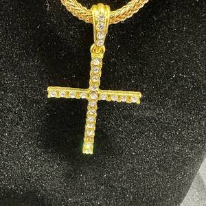 lot 42 image: New 30in Gold-Colored Cross Pendant Necklace with Clear Stones 2.25 in