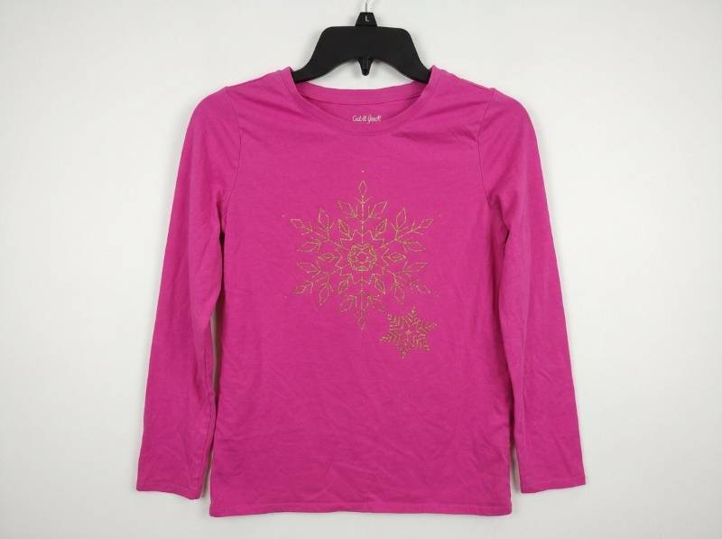 lot 691 image: Cat & Jack Girls Pink Long Sleeve Tee with Gold Snowflake Graphic Size XL (1416)