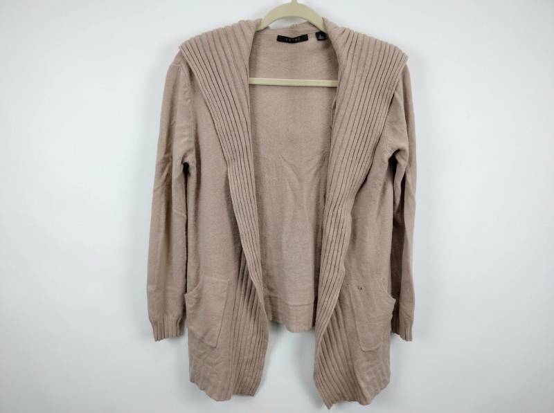 lot 714 image: Cyrus XL Hooded Open-Front Ribbed Cardigan Sweater in Taupe