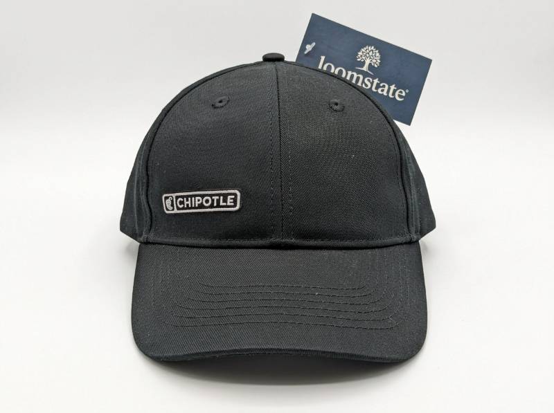 lot 728 image: Chipotle Black Baseball Cap with Embroidered Logo Patch, Loomstate Label