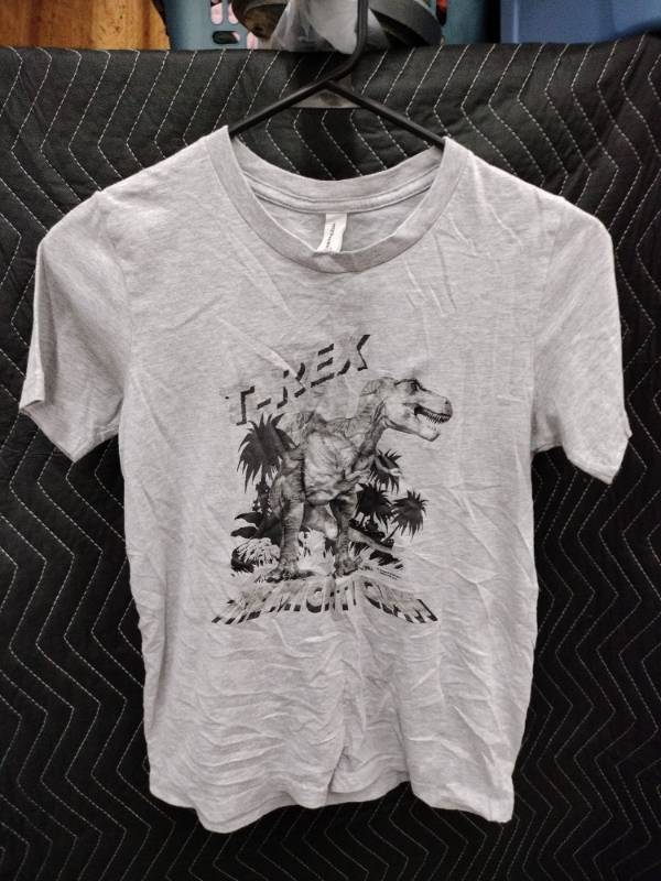 lot 9020 image: BellaCanvas Kids Heather Gray T-Rex The Mighty Clan Graphic T-Shirt Size L 14-16