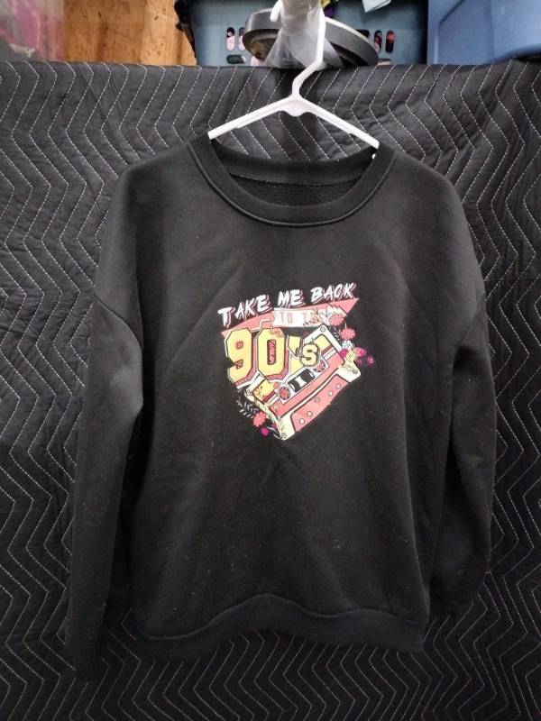 lot 9032 image: Black Crewneck Sweatshirt w Take Me Back to the 90s Cassette Graphic, Size XL