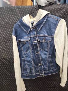 lot 2110 image: Wax Jean Basic Denim Hooded Jacket w Gray Knit Sleeves and Hood