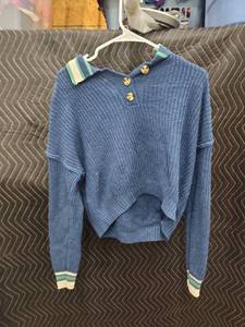 lot 2117 image: SO Blue Knit Polo Collar Sweater w Green and Cream Striped Trim