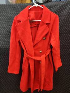Women's Red Double-Breasted Belted Coat with Notch Lapel Size S