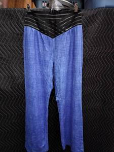 lot 2151 image: Womens Blue Denim-Look Wide Leg Pants w Black Striped Mesh Waistband Size L