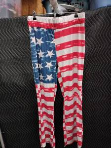 lot 2171 image: American Flag Print Elastic Waist Wide Leg Pants Red White Blue