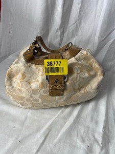 lot 36777 image: COACH gently used beigelt brownpurple three pocket medium carrying purse