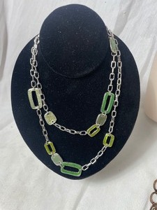 lot 36845 image: Double Strand Statement Necklace With SIlver Tone Chain Link & Geometric Shaped Green & Yellow Stone Accents, & Other Misc Chain Like Necklaces.