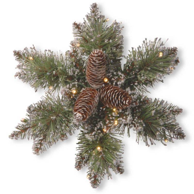 lot 36470 image: National Tree Company Pre-Lit Artificial Christmas Star Wreath  Green  Glittery Bristle Pine  White Lights  Decorated with Pine Cones  Frosted Branches  Christmas Collection  14 Inches - Retail $40