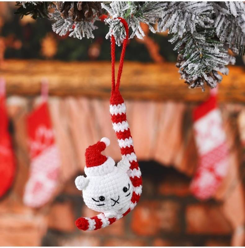 lot 42927 image: Christmas Cat Ornament - Handmade Crochet Hanging Mini Knitted Accessories With Santa Hat - Xmas Holiday Decor Gift for Tree and Car