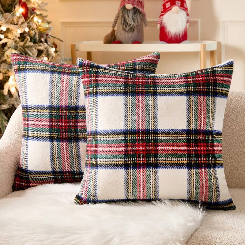 lot 43471 image: Christmas Plaid Decorative Throw Pillow Covers Set of 2 Scottish Tartan Vintage Farmhouse Winter Cuhion Case Pillow Covers for Couch Living Room Sofa Bed Porch Home Decor 20x20inch White - Retail $35
