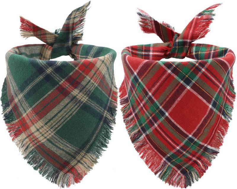 lot 43790 image: 2PCS Christmas Dog Bandanas Plaid Two-Sided with Tassels, Holiday Scarf, Stylish Triangle Dog Outfit for Boy and Girl, Winter Christmas Classic Red-Green Plaid Pet Scarf for Medium to Large Dogs - Retail $9