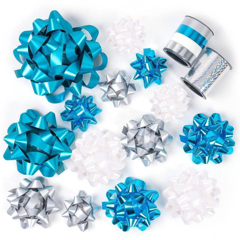 lot 45377 image: 12 Pcs Gift Bows Assortment - 10 Multi Colored Assorted Size Gift Bows (Turquoise, Silver, White) and 2 Crimped Curling Ribbons, Perfect for Christmas, Holiday, Party - Retail $16