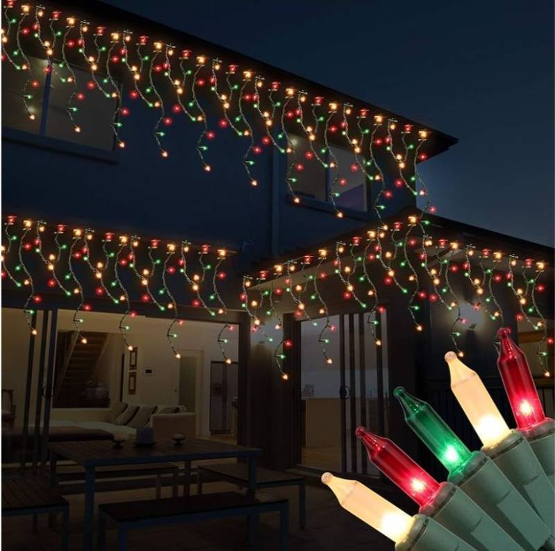 lot 43724 image: 100 Christmas Icicle Lights - 7.7ft Multi Color Curtain String Light for Outdoor, Indoor Decor - Fairy Mini Bulb Lighting for Bedroom, Window, House, Garland, Xmas, Christmas Tree