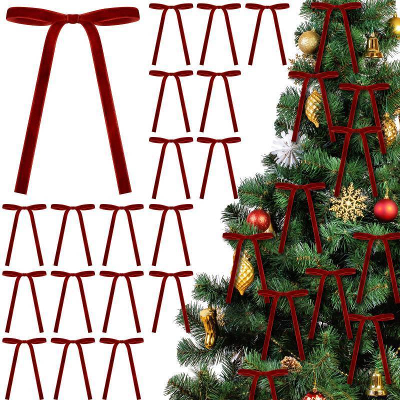 lot 54399 image: 24 Pcs Red Velvet Bows Christmas Tree Ornaments Valentines Day Bows Decoration for Garland Home Coquette Wedding Decor - Retail $10