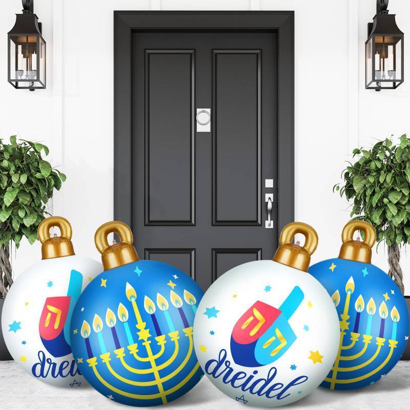lot 54475 image: 4 Pcs 24 Inch Large Hanukkah Inflatable PVC Ball White and Blue Jewish Menorah Ornaments Hanging Hanukkah Inflatable Decoration Blow up Decoration for Chanukah Lawn Yard Garden Home Porch Decor - Retail $30